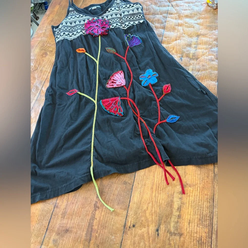 Boho Floral Embroidered Black Dress - Picture 2 of 6